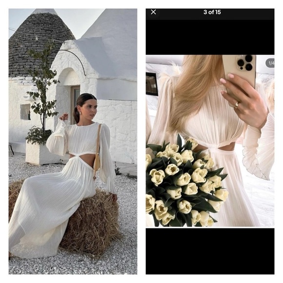 ZARA Beige Pleated Long Sleeve Cutout Midi Dress Small NWT Blogger Favorite - Picture 6 of 15